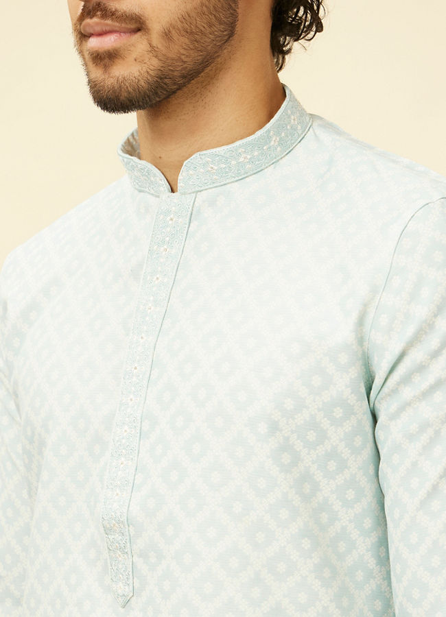 alt message - Manyavar Men Aquamarine Blue Grid Patterned Kurta Set image number 1